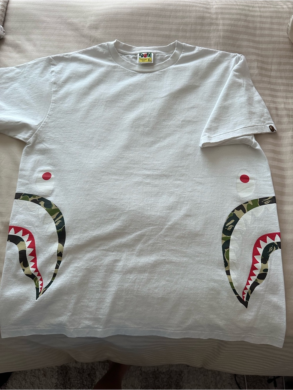 Bape White Tee with Green Camo Shark Panels and Red Eye Accents